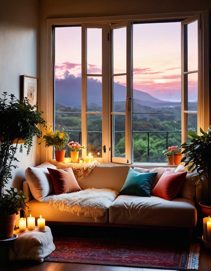 A cozy, beautifully decorated room with soft lighting, featuring a small loveseat adorned with colorful pillows, potted plants, and intimate candles. In the background, a large window shows a sun setting over a peaceful landscape, symbolizing warmth and love. A couple sits together, laughing and sharing a moment, surrounded by personal touches like framed photos. The atmosphere should evoke feelings of intimacy and comfort. soft focus. vibrant colors. warm tones.