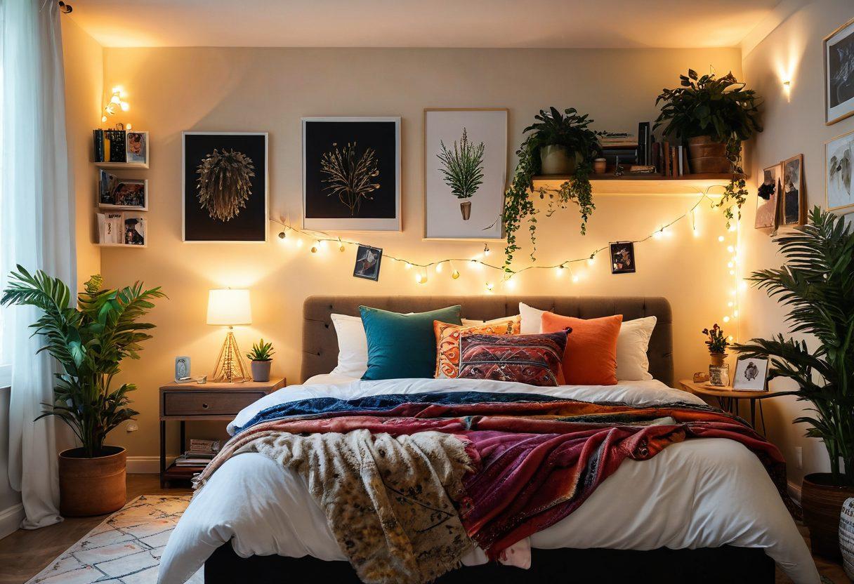 A cozy and stylish bedroom setup, featuring a plush bed with colorful throw pillows, ambient lighting from fairy lights, and a wall adorned with unique artwork. A stylish study corner with plants and a comfy chair, blending modern and bohemian decor elements. Show hints of personal touches like books and photographs. warm and inviting atmosphere. super-realistic. vibrant colors.