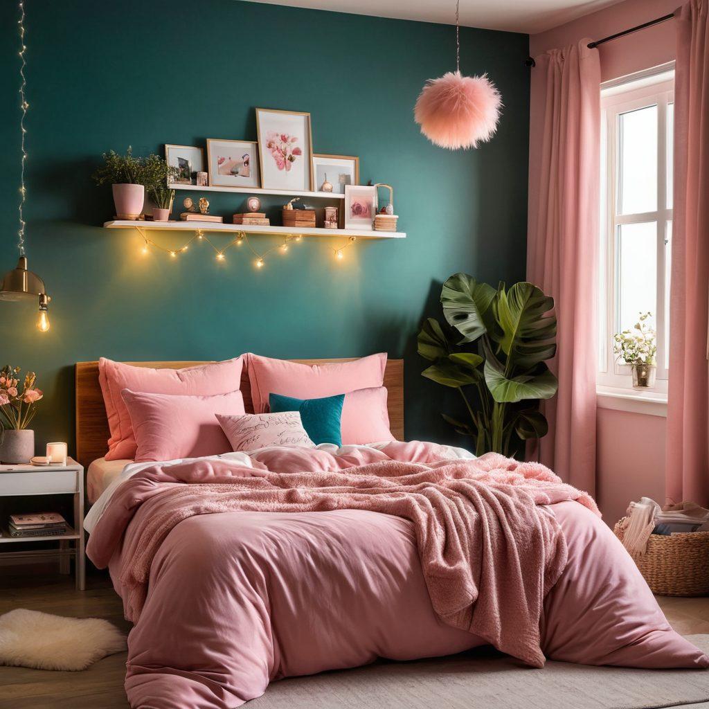A cozy teenage bedroom featuring soft lighting, lush plants, and colorful wall art that exudes warmth and intimacy. A neatly made bed with fluffy pillows and blankets in shades of pink and teal, with fairy lights hanging above. A small nook with a comfy chair and books, embodying creativity and comfort. Elements of romance like scented candles and a love note on the bedside. super-realistic. vibrant colors. warm tones.